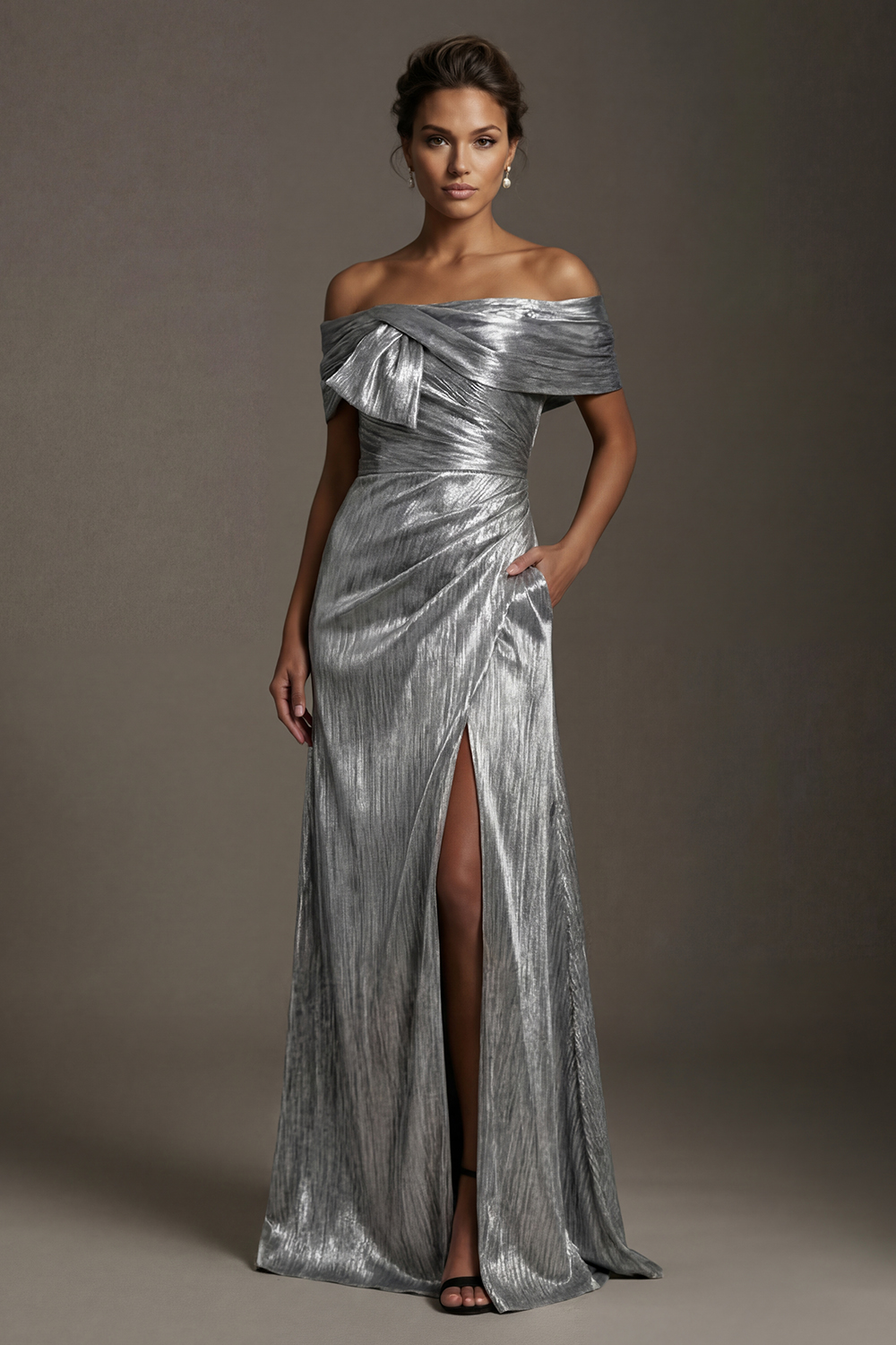 Grey Silver Mermaid Long Off the Shoulder Mother of the Bride or Groom Dress