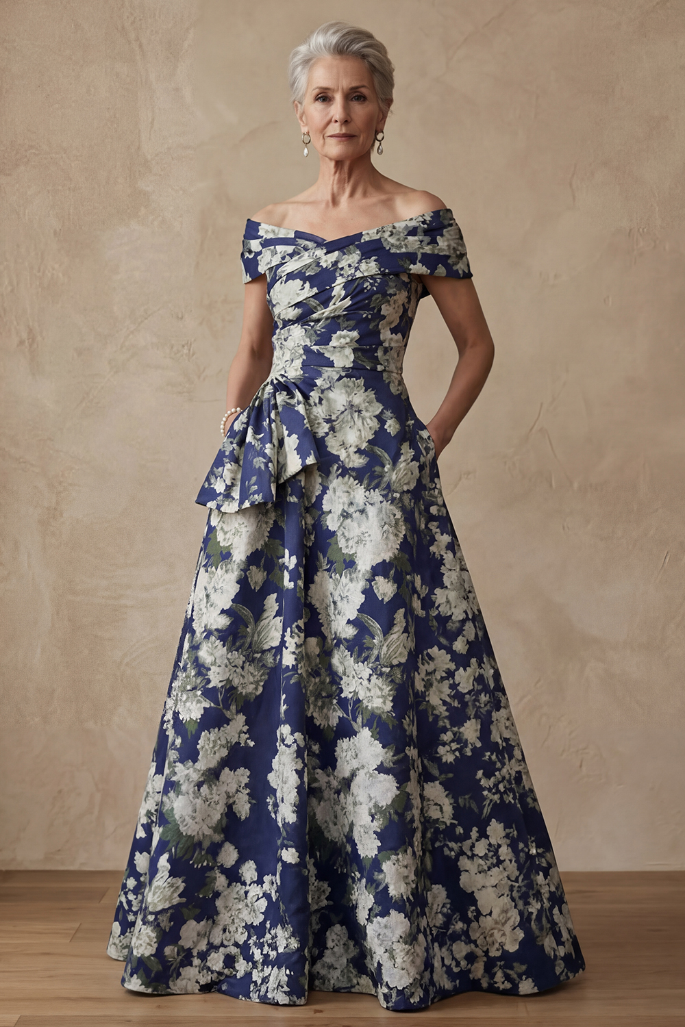 Navy Long A Line Floral Mother of the Bride or Groom Dress with Pockets