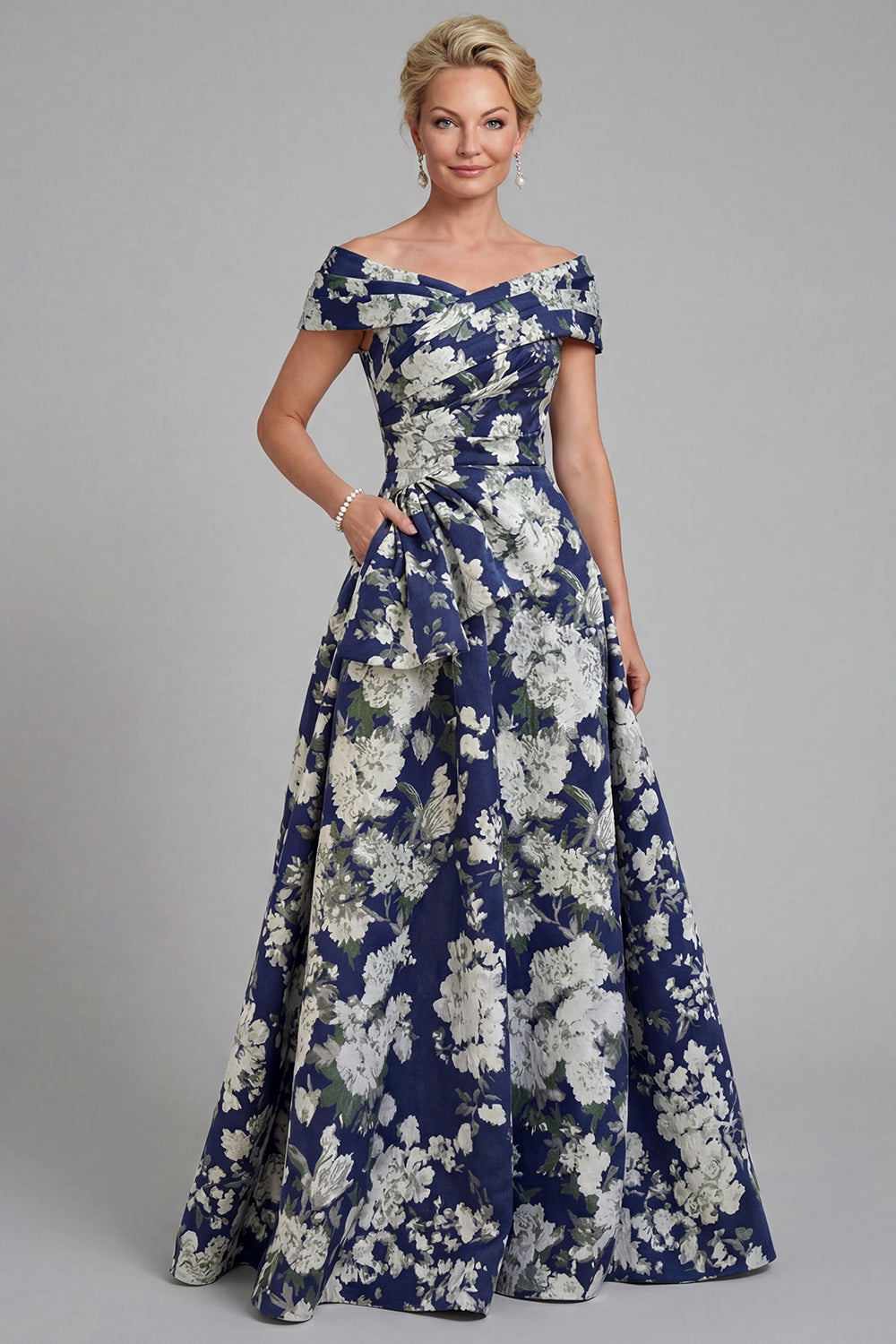 Navy Long A Line Floral Mother of the Bride or Groom Dress with Pockets