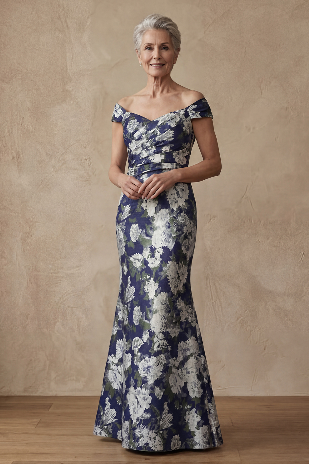 Navy Mermaid Long Cap Sleeves Floral Mother of the Bride or Groom Dress