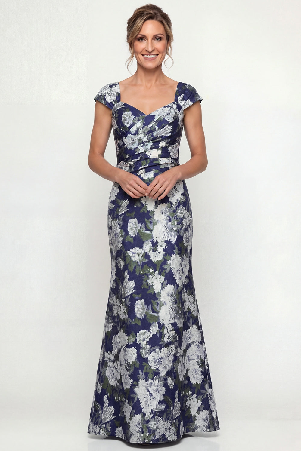 Navy Mermaid Long Cap Sleeves Floral Mother of the Bride or Groom Dress
