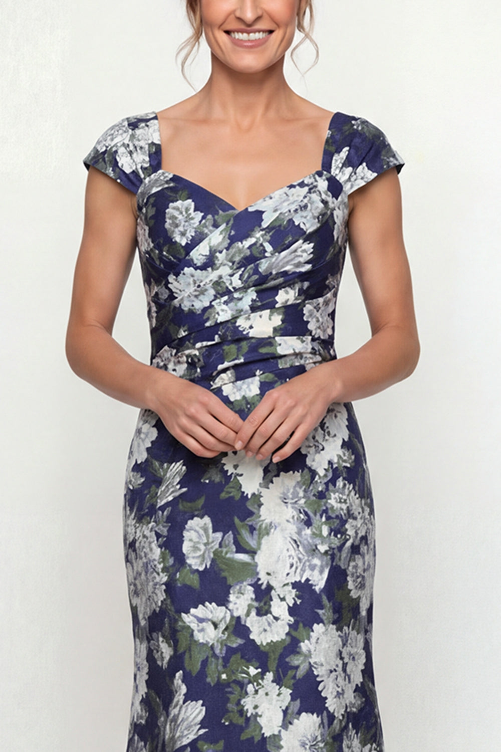 Navy Mermaid Long Cap Sleeves Floral Mother of the Bride or Groom Dress