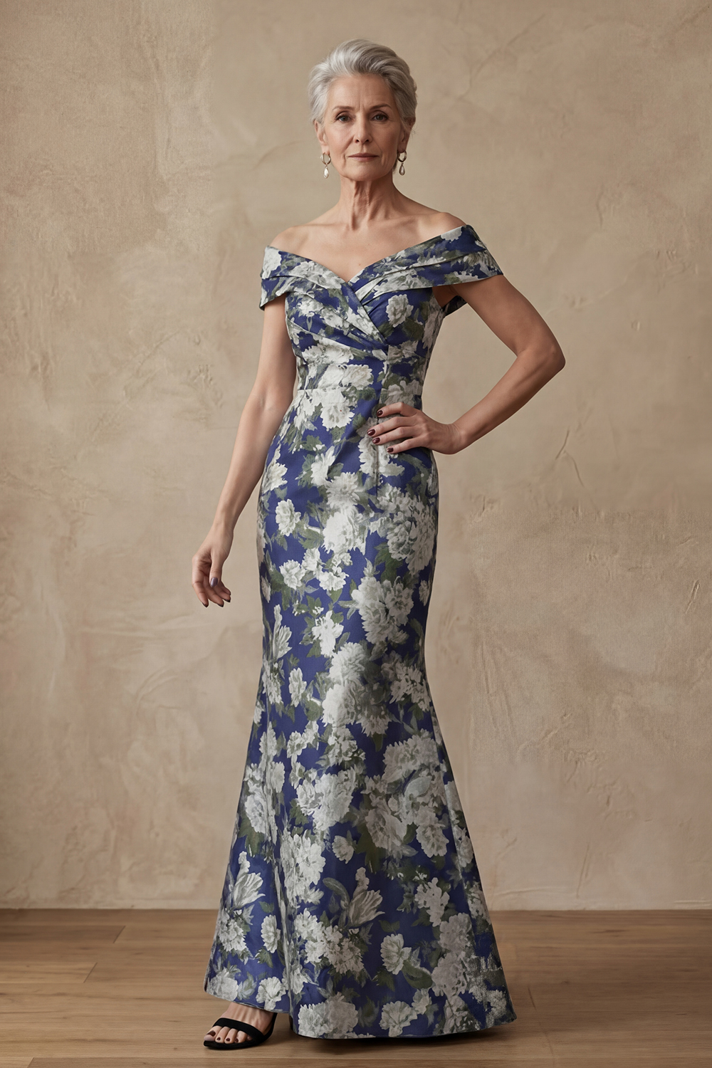 Navy Off the Shoulder Long Floral Mermaid Mother of the Bride or Groom Dress