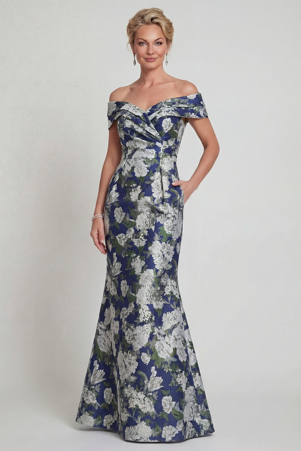 Navy Off the Shoulder Long Floral Mermaid Mother of the Bride or Groom Dress