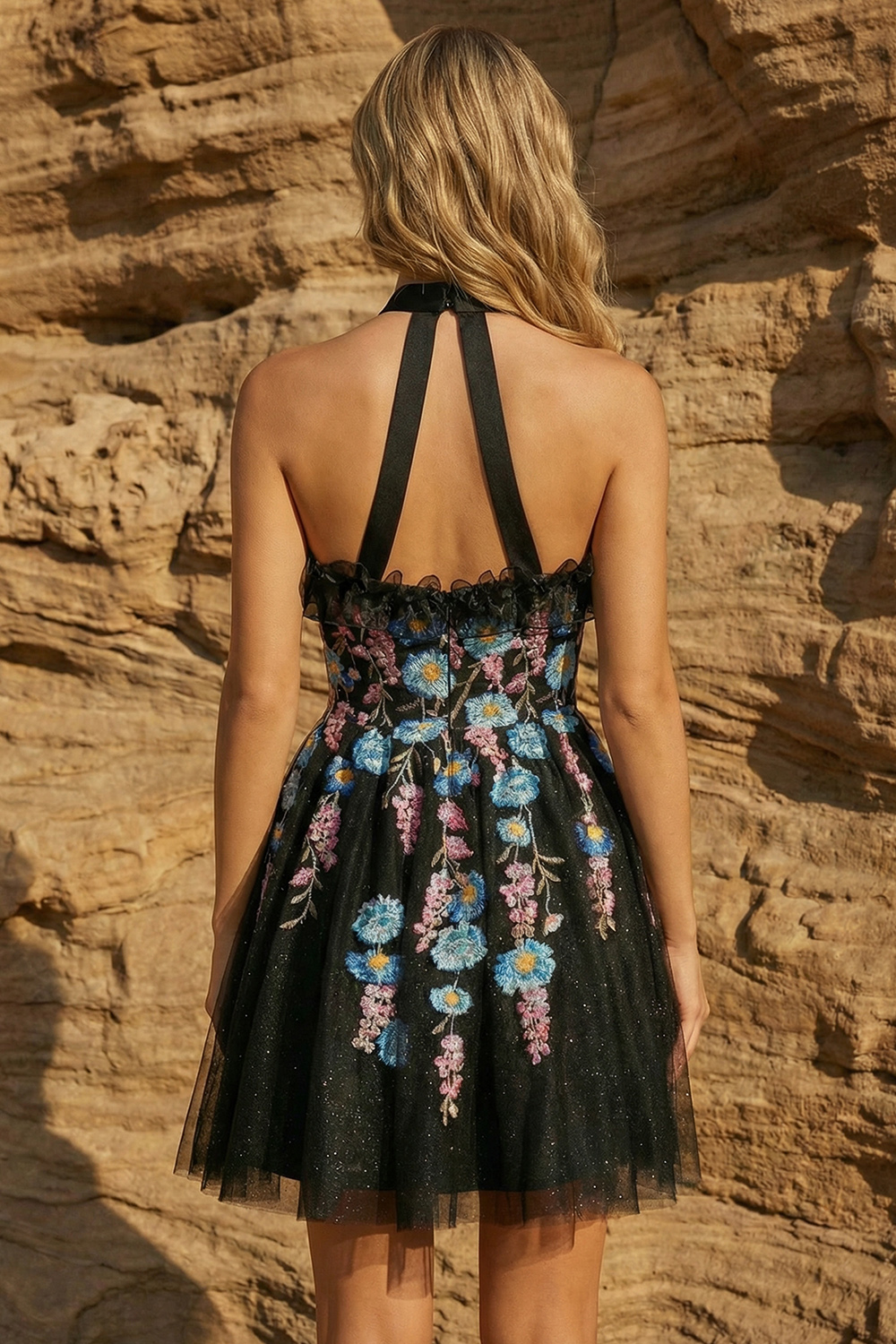 Glitter Black Floral Embroidered Keyhole Tulle A Line Short Prom Dress with Ruffles