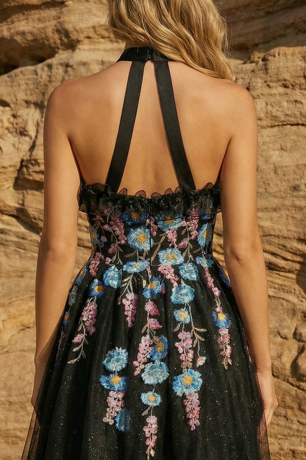 Glitter Black Floral Embroidered Keyhole Tulle A Line Short Prom Dress with Ruffles