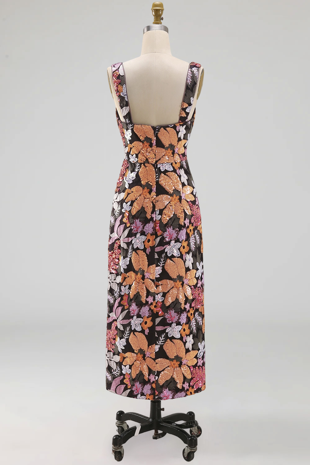 Sparkly Black Floral Sequins Square Neck Maxi Prom Dress with Slit