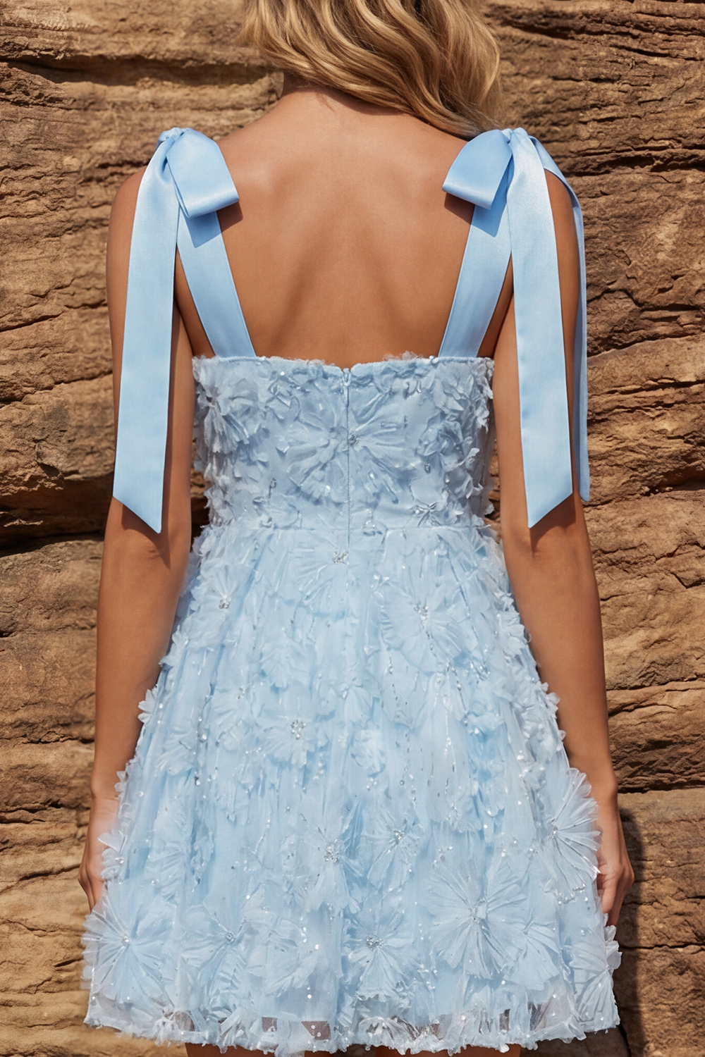 A Line Thick Straps Sparkly Sky Blue Floral Beaded Short Prom Dress with Bow