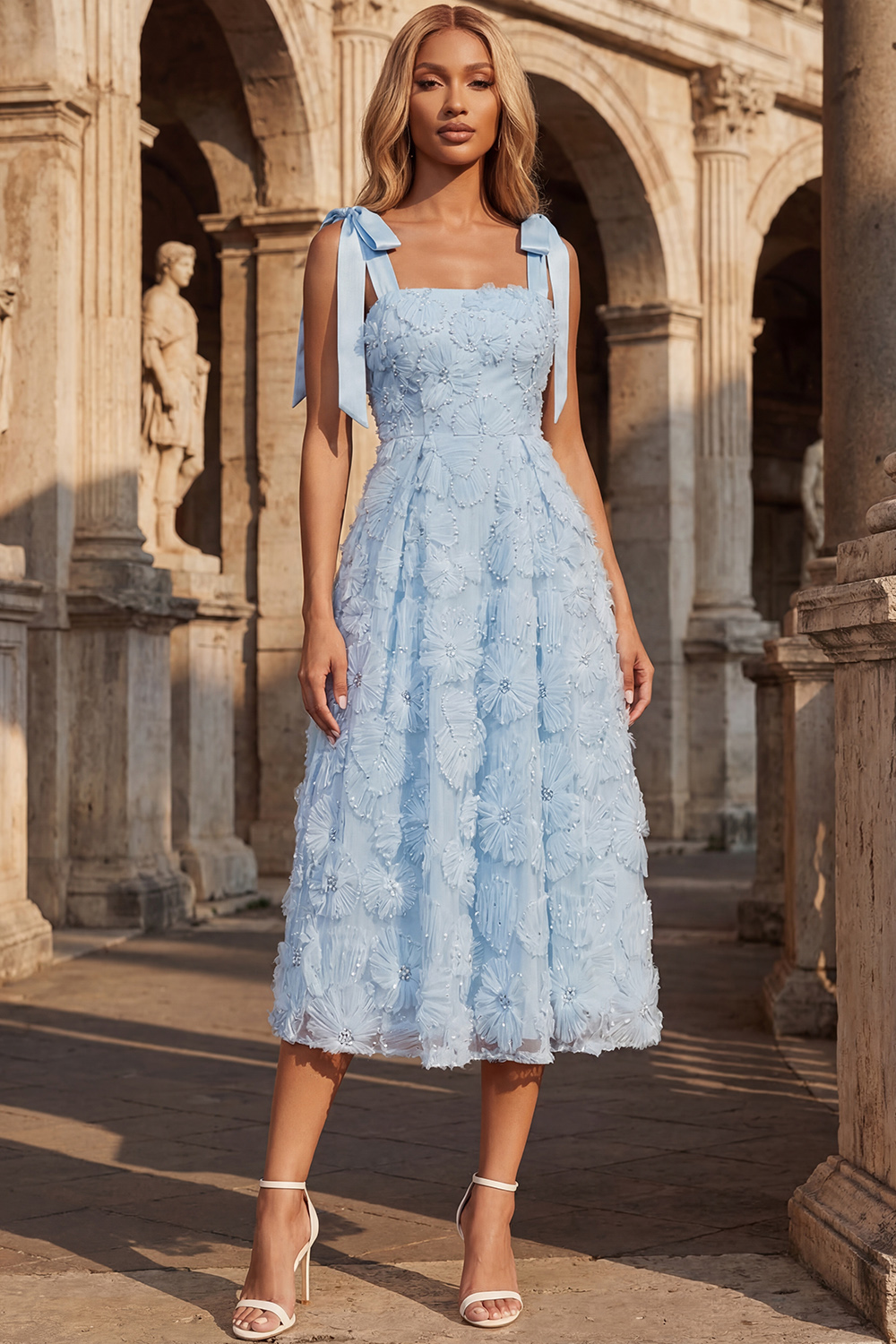 Sparkly Sky Blue Floral Beaded A Line Thick Straps Maxi Prom Dress with Bow