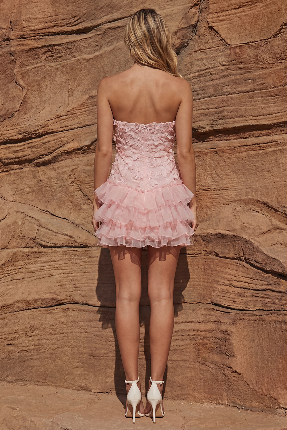 Bodycon Strapless Light Pink Tiered Ruffled Short Prom Dress with 3D Flowers