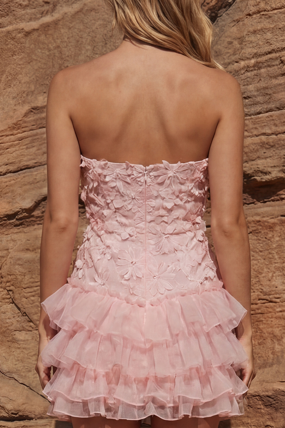 Bodycon Strapless Light Pink Tiered Ruffled Short Prom Dress with 3D Flowers