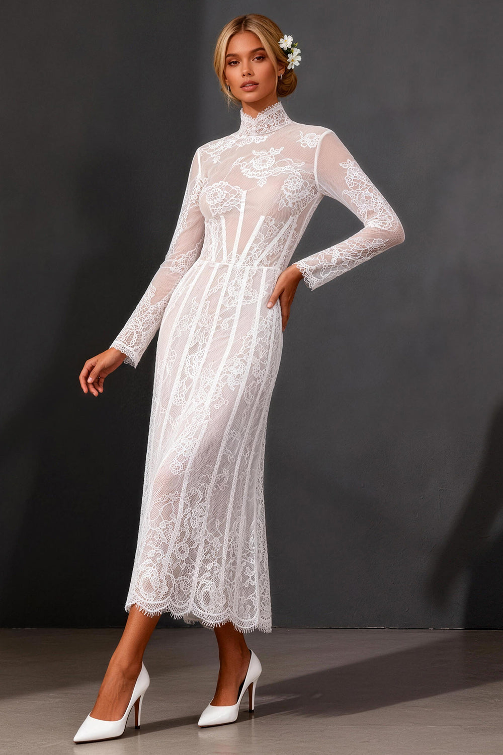 White High Neck Lace A Line Maxi Corset Boho Wedding Reception Dress with Sleeves