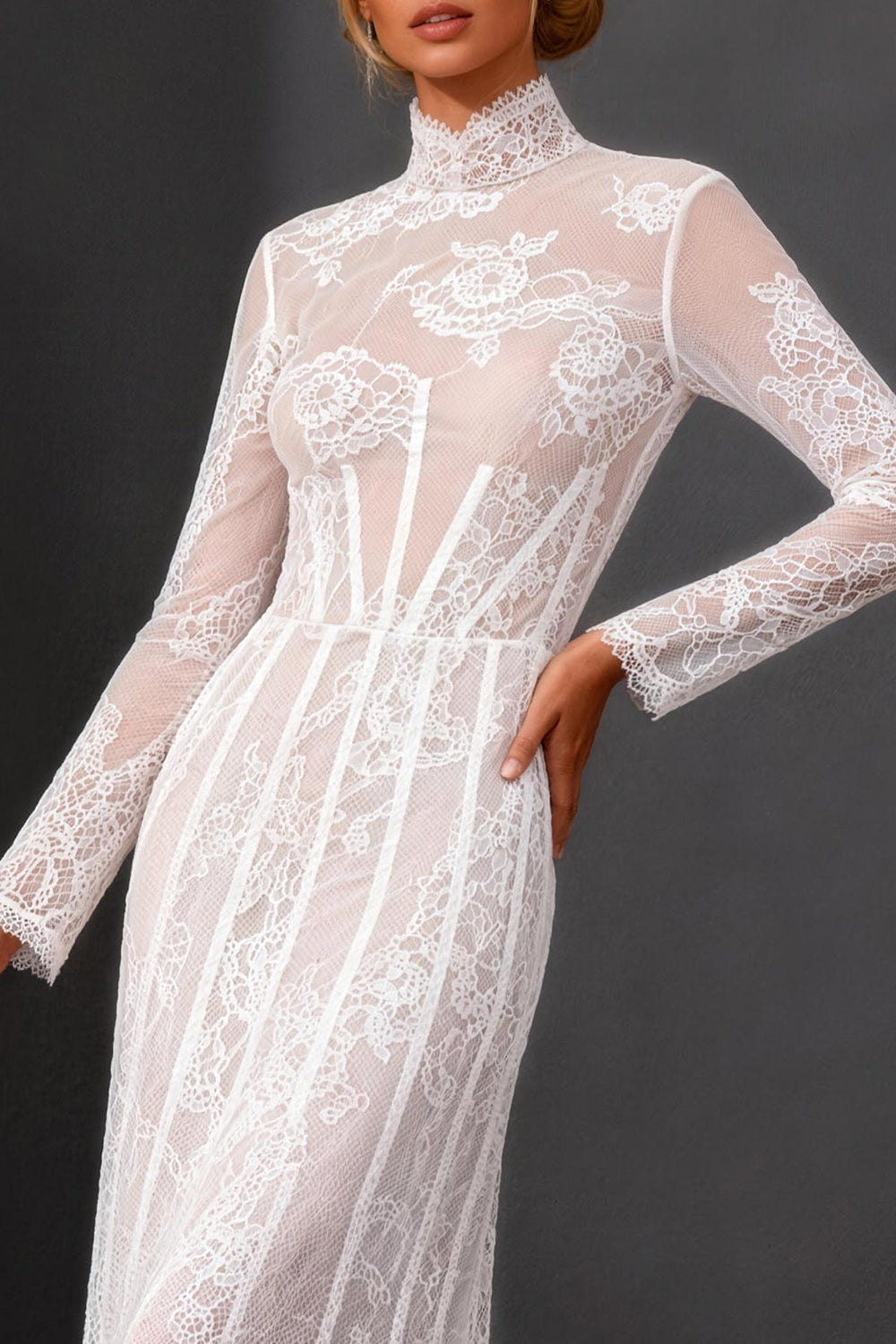 White High Neck Lace A Line Maxi Corset Boho Wedding Reception Dress with Sleeves