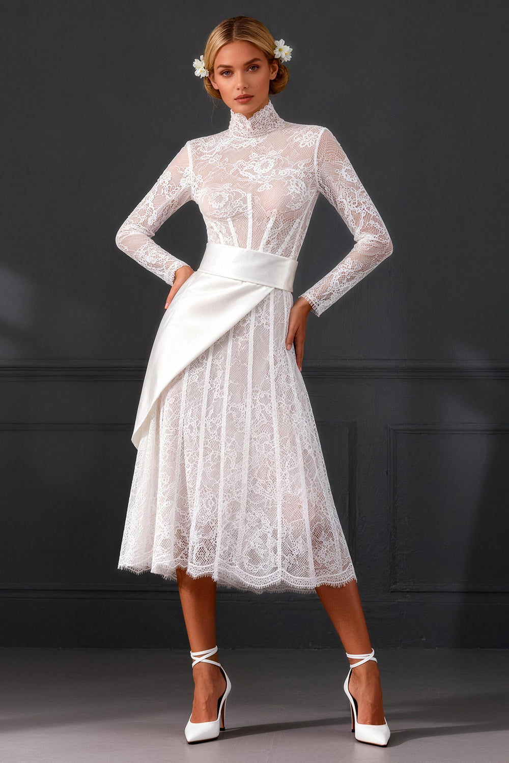 White Long Sleeves High Neck A Line Corset Boho Wedding Reception Dress with Side Cape