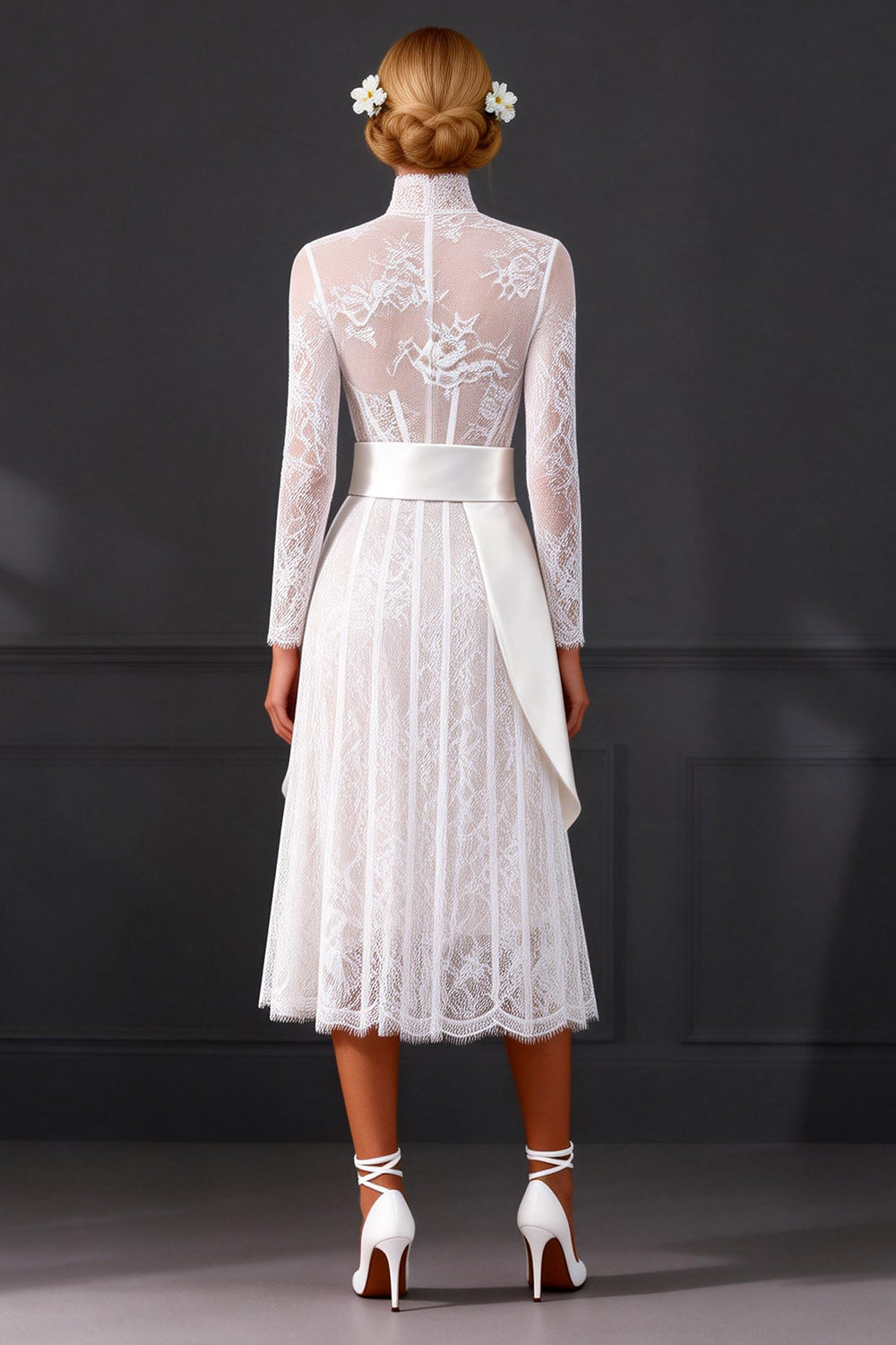 White Long Sleeves High Neck A Line Corset Boho Wedding Reception Dress with Side Cape