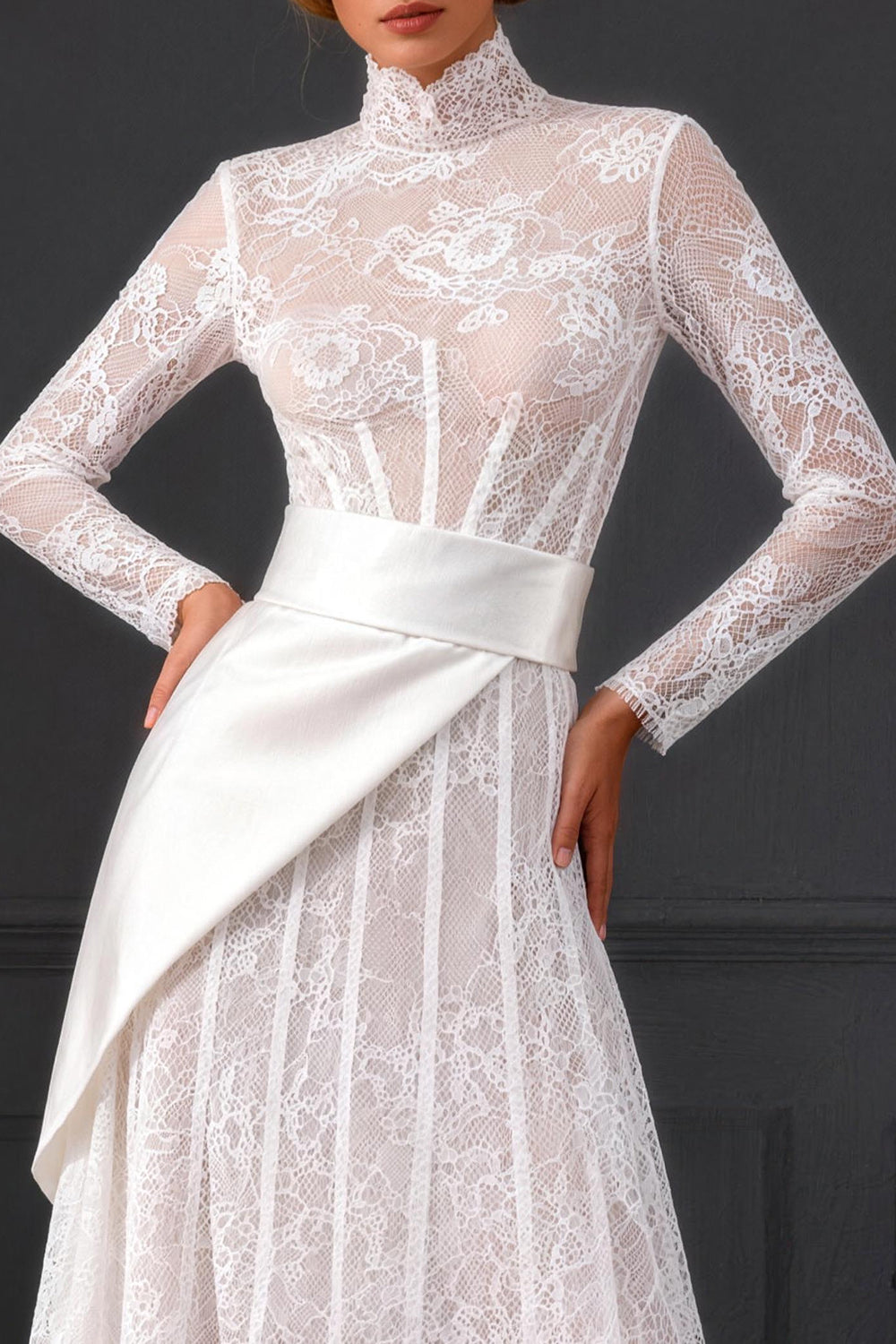 White Long Sleeves High Neck A Line Corset Boho Wedding Reception Dress with Side Cape