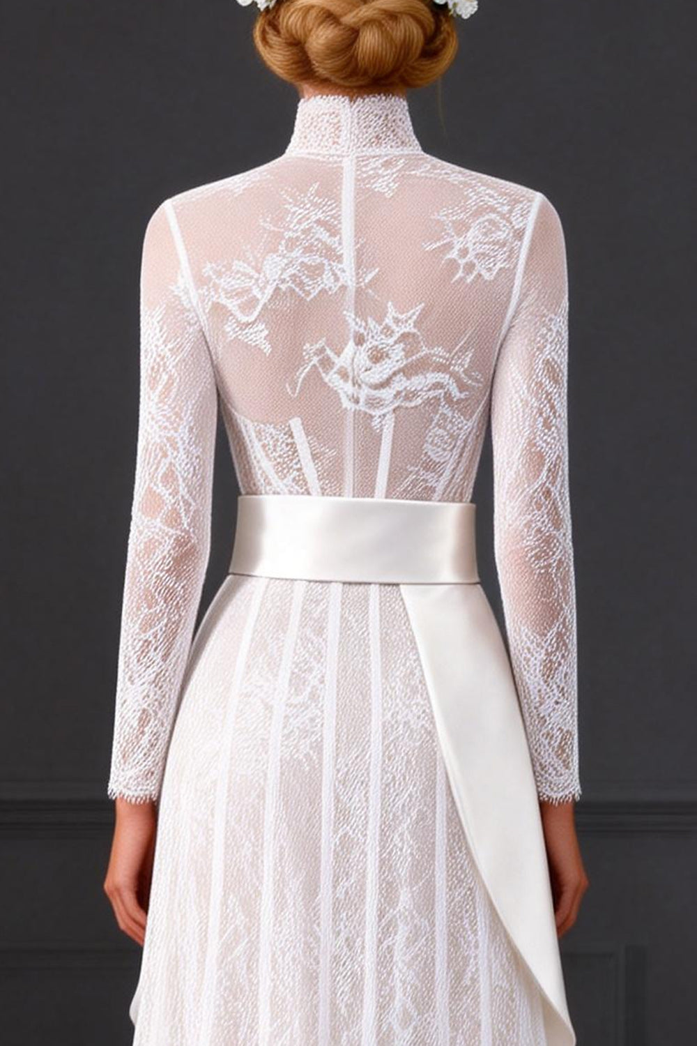 White Long Sleeves High Neck A Line Corset Boho Wedding Reception Dress with Side Cape