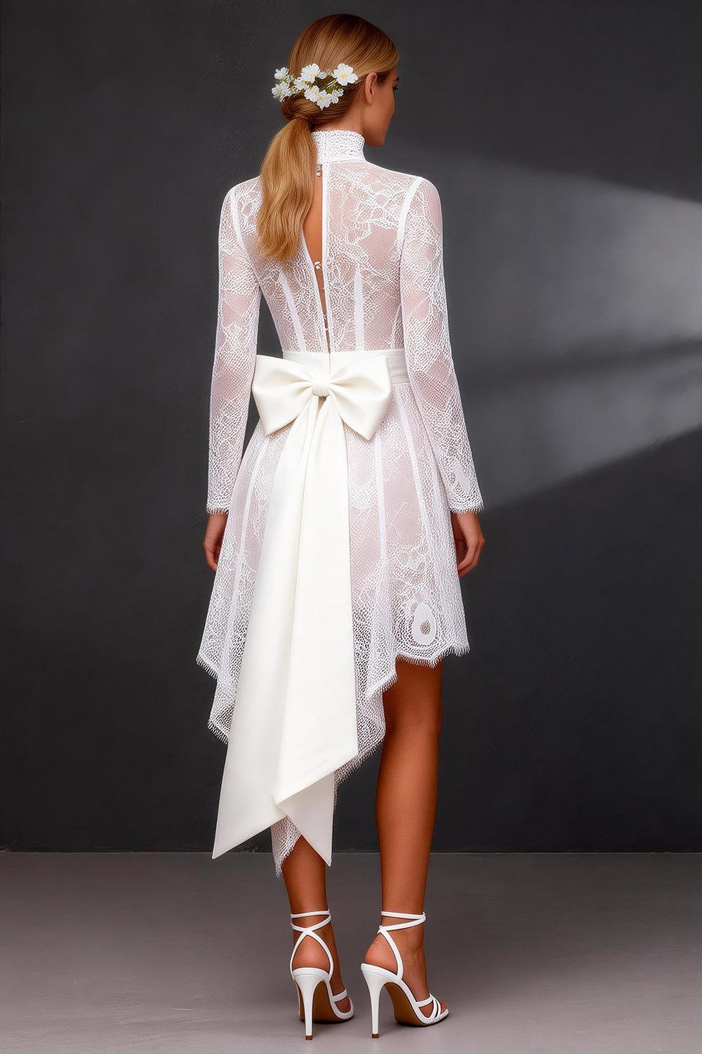 White High Neck High-Low A Line Corset Boho Wedding Reception Dress with Sleeves