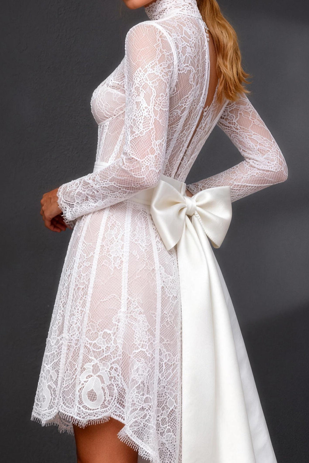 White High Neck High-Low A Line Corset Boho Wedding Reception Dress with Sleeves