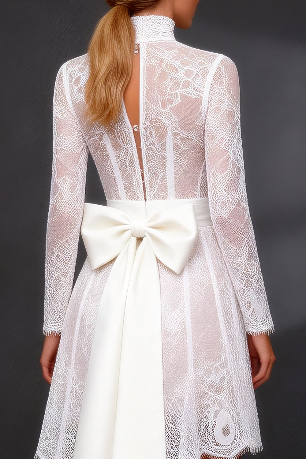 White High Neck High-Low A Line Corset Boho Wedding Reception Dress with Sleeves