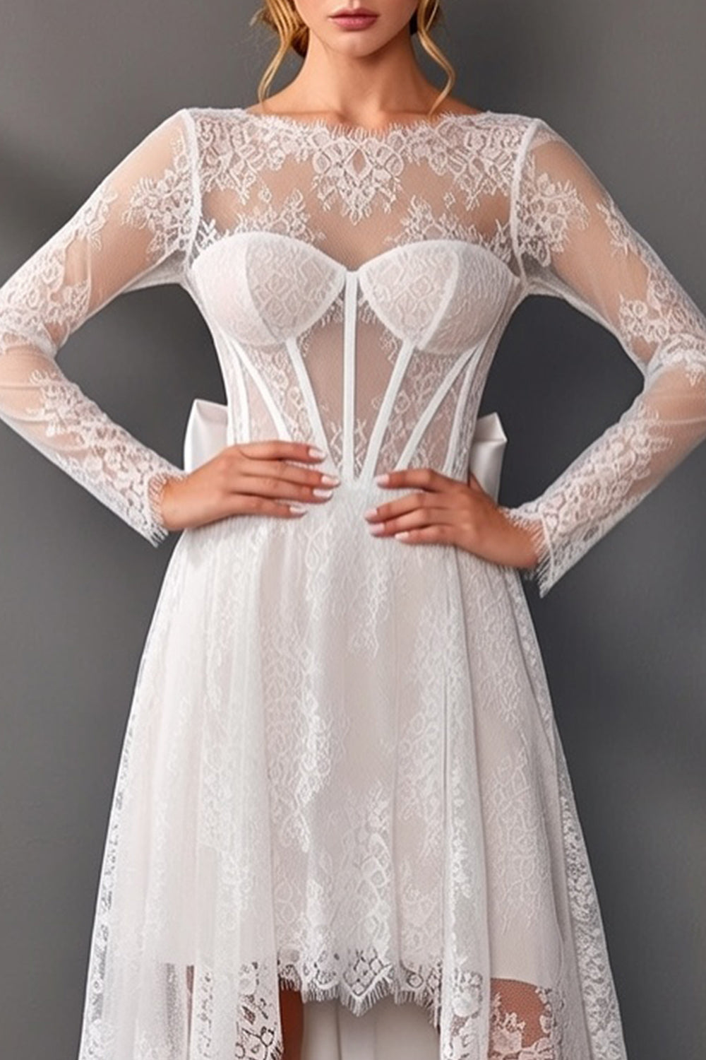 White High-Low Long Sleeves Boat Neck Corset A Line Boho Wedding Reception Dress