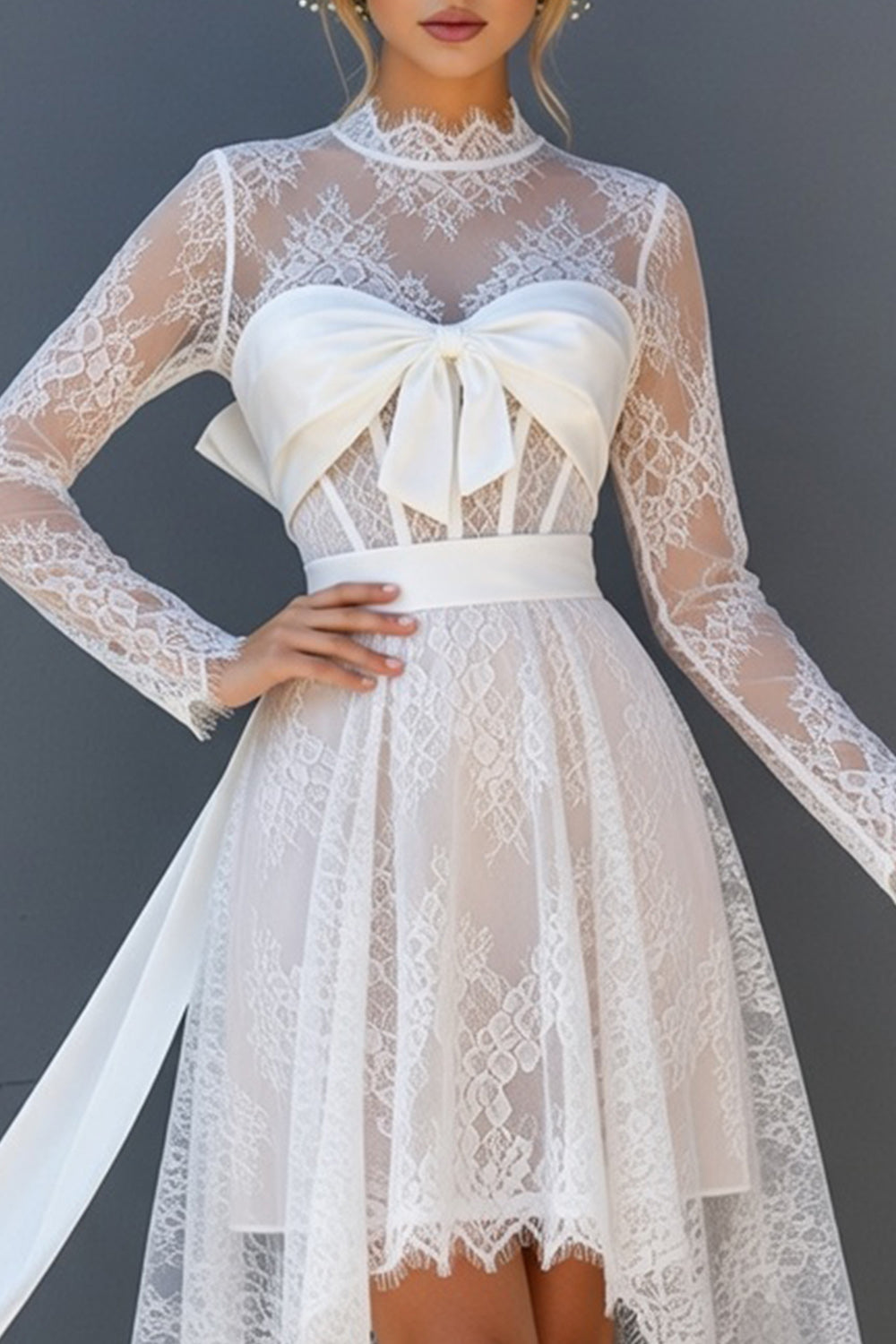 White High-Low Lace Corset Long Sleeves Boho Open Back Wedding Reception Dress with Bow