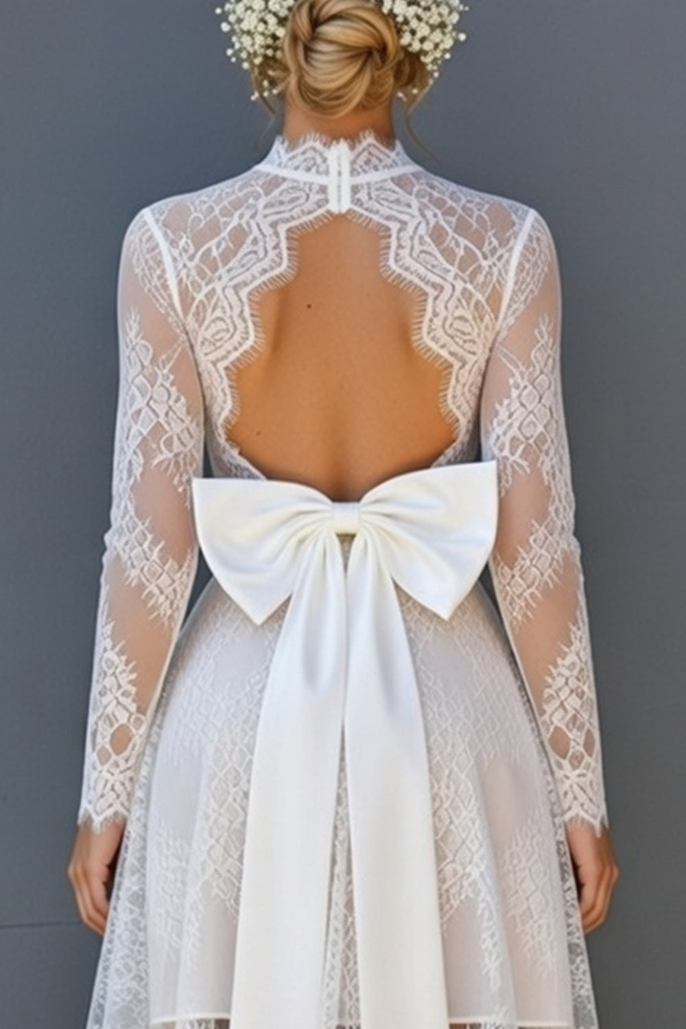 White High-Low Lace Corset Long Sleeves Boho Open Back Wedding Reception Dress with Bow