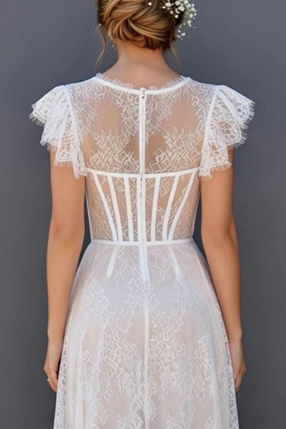 White A Line Round Neck Corset Maxi Boho Wedding Reception Dress with Ruffles