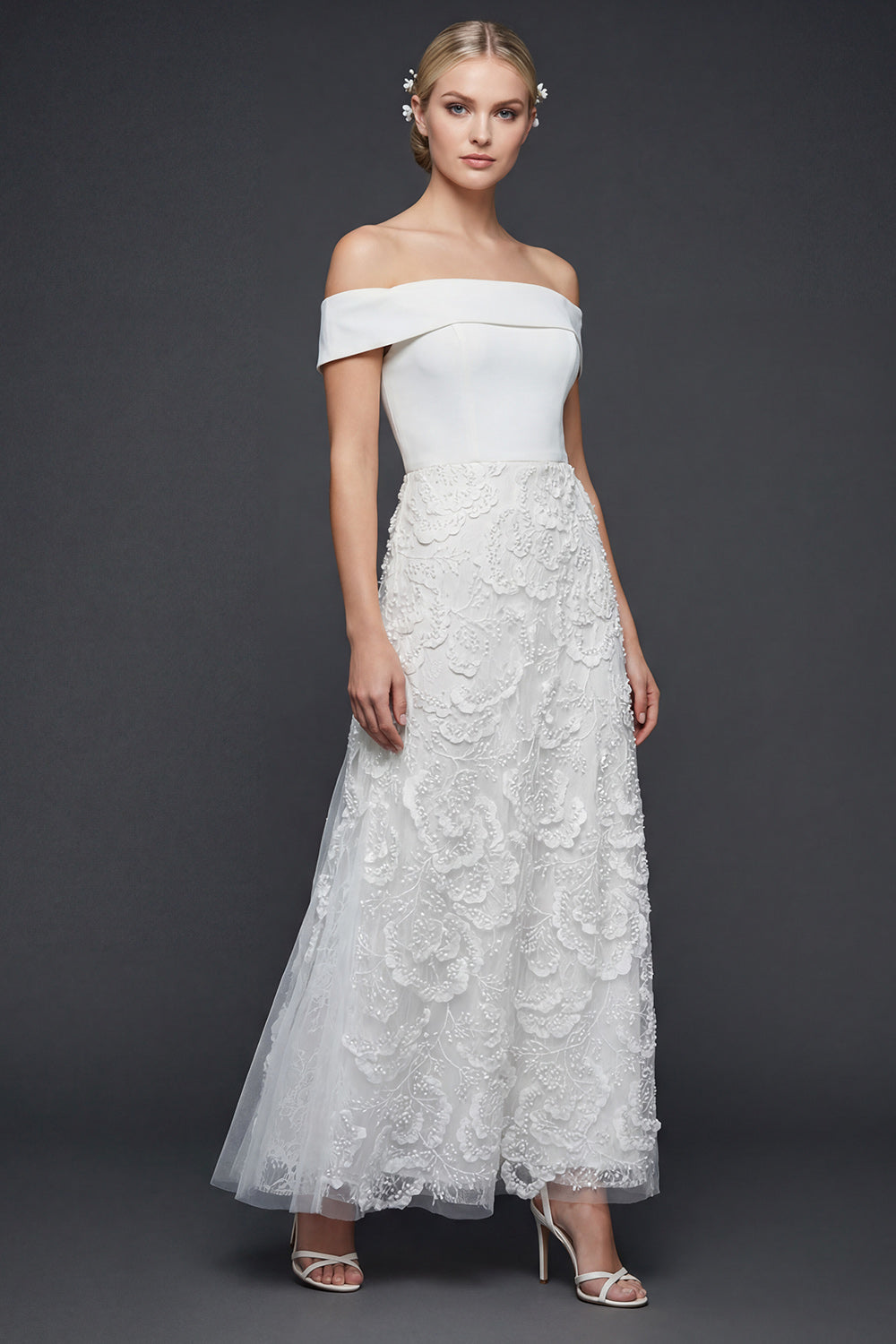 White A Line Floral Off the Shoulder Maxi Boho Wedding Reception Dress with Appliques