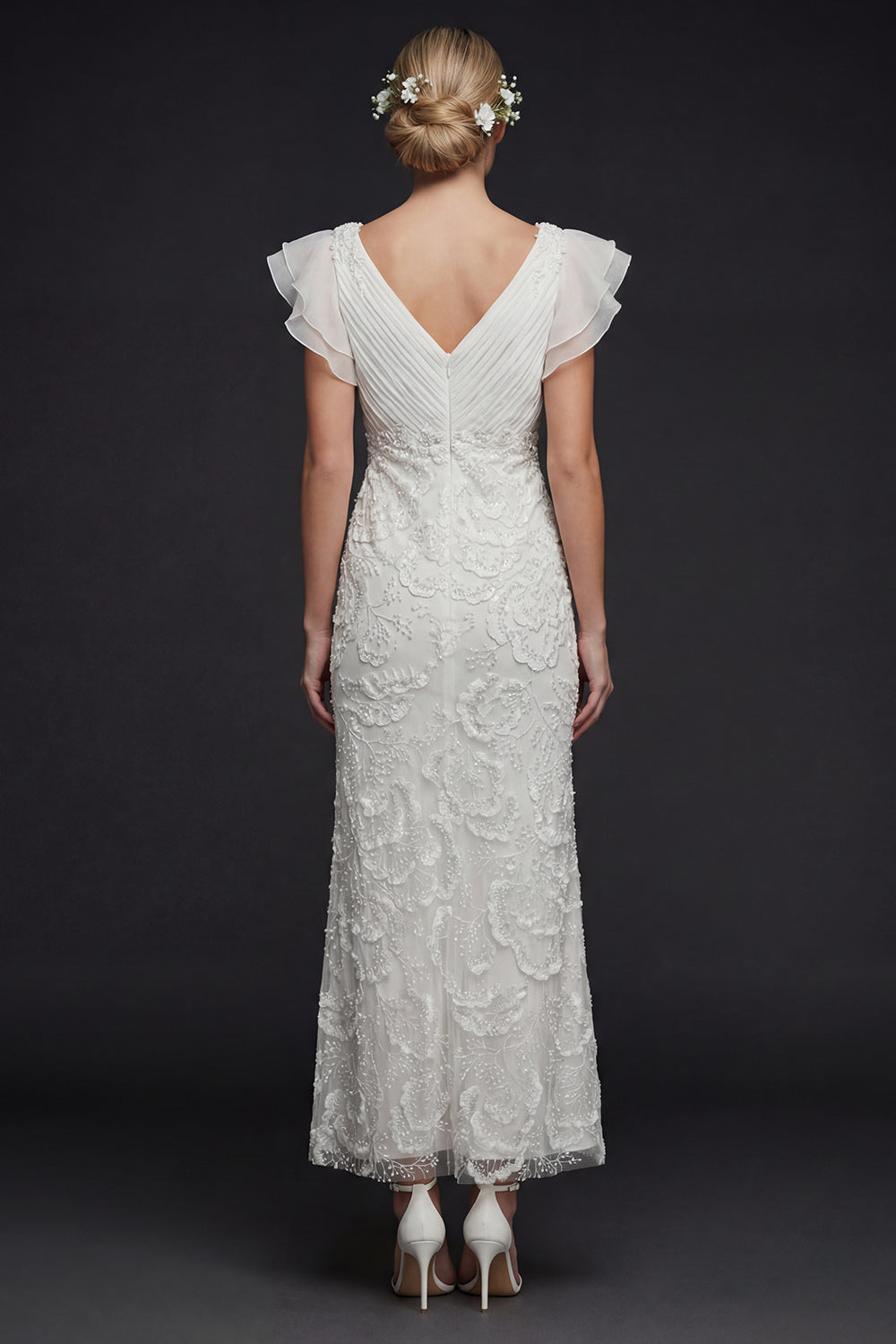 Sparkly White V Neck Floral Maxi Appliqued Beaded Boho Wedding Reception Dress with Ruffles