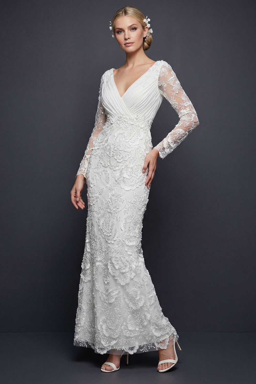Sparkly White Beaded V-Neck Appliqued Maxi Mermaid Floral Boho Wedding Reception Dress