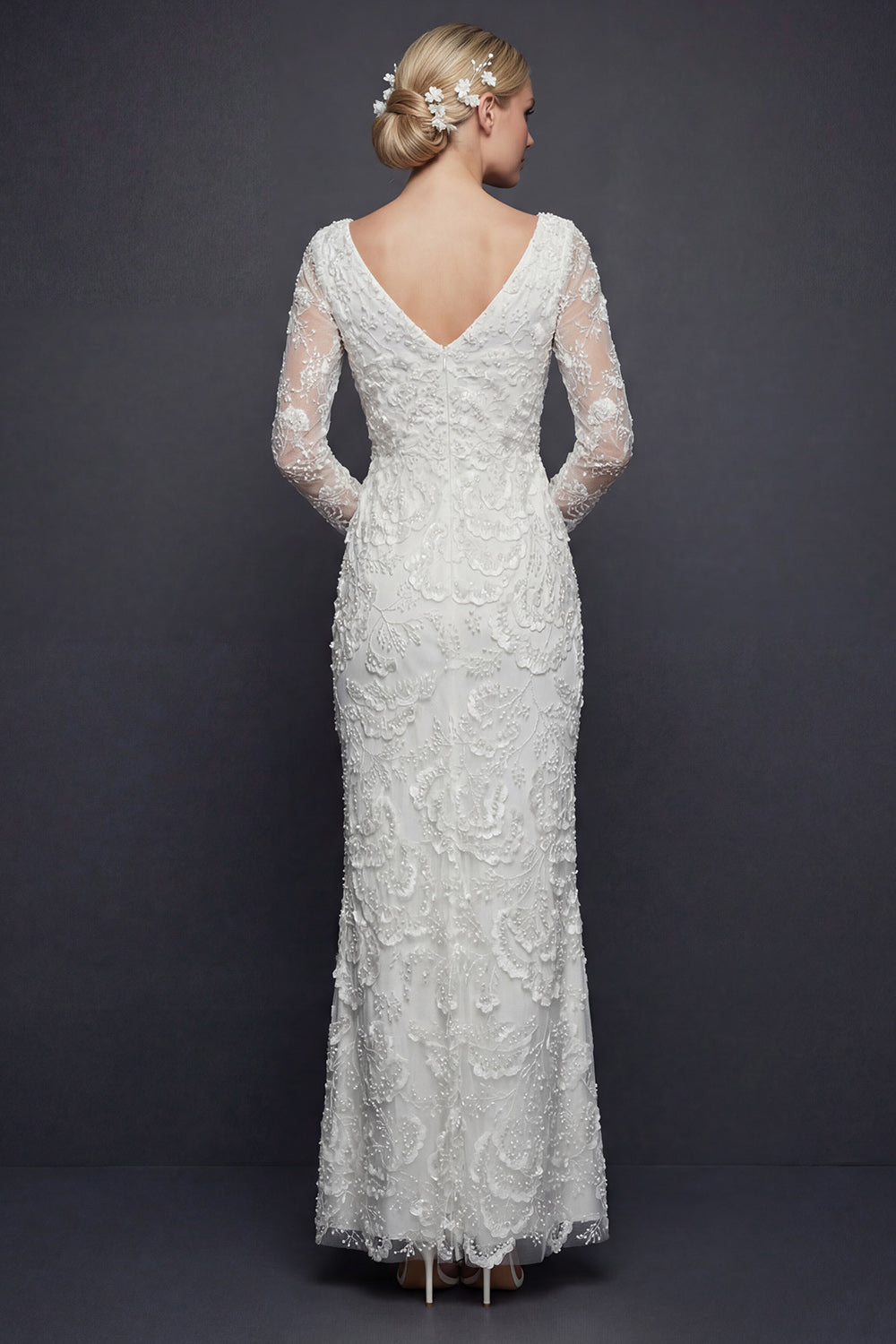 Sparkly White Beaded V-Neck Appliqued Maxi Mermaid Floral Boho Wedding Reception Dress