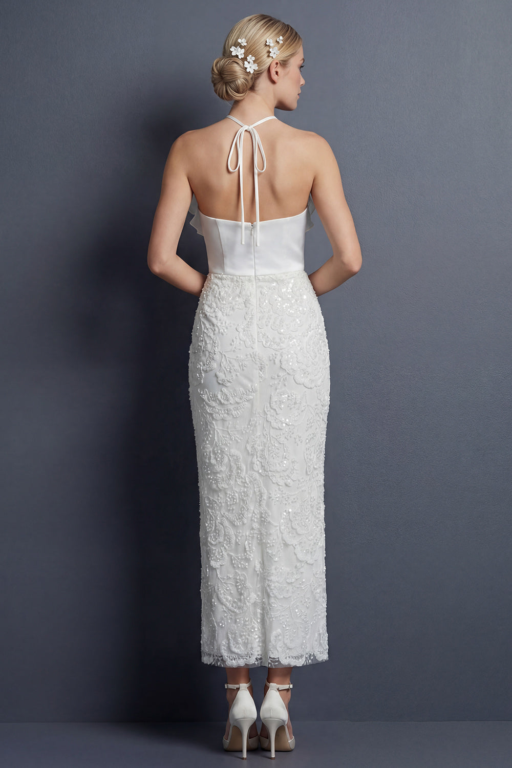 Sparkly White Halter Mermaid Appliqued Maxi Ruffled Boho Wedding Reception Dress