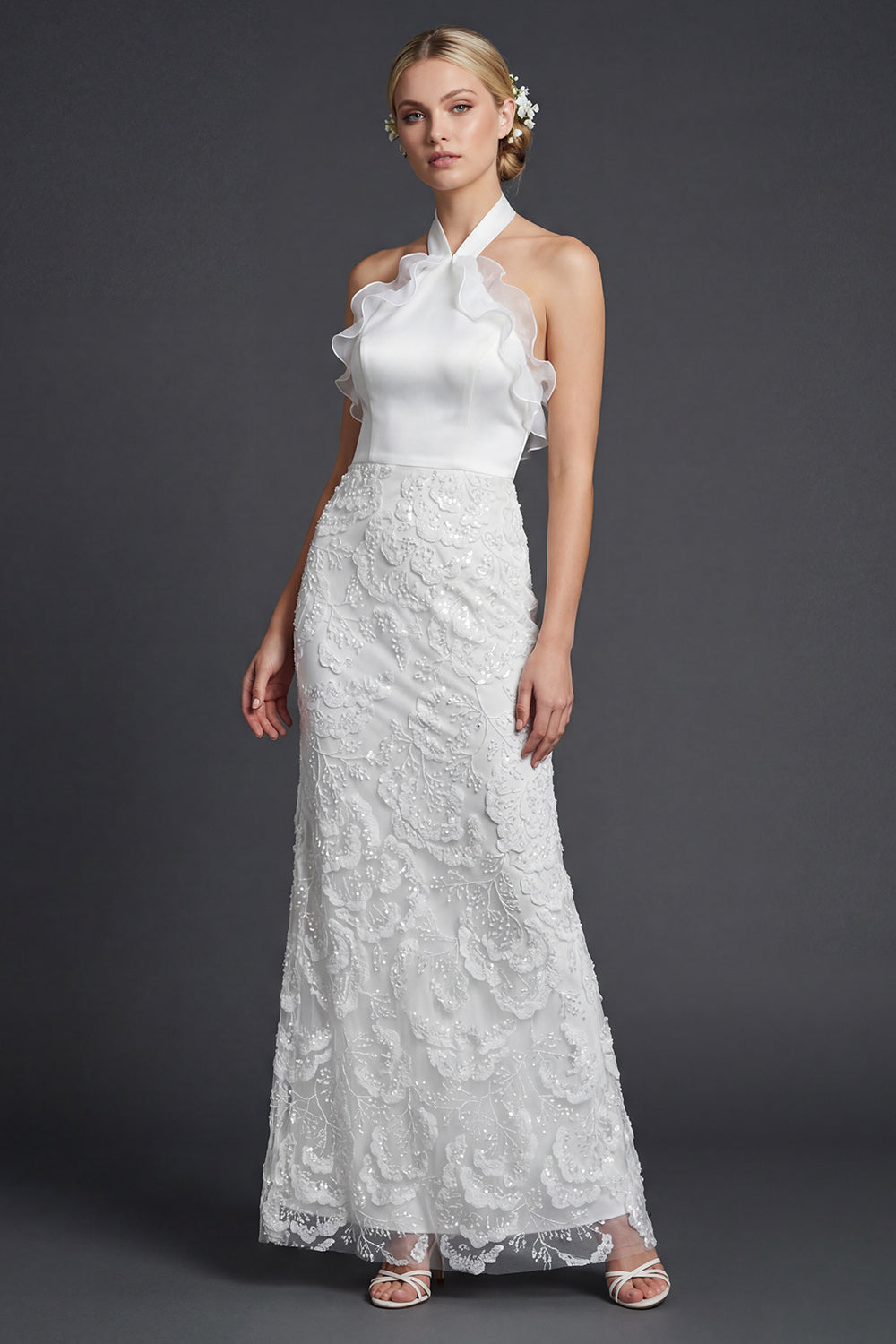 Sparkly White Sheath Halter Ruffled Appliqued Boho Wedding Reception Dress