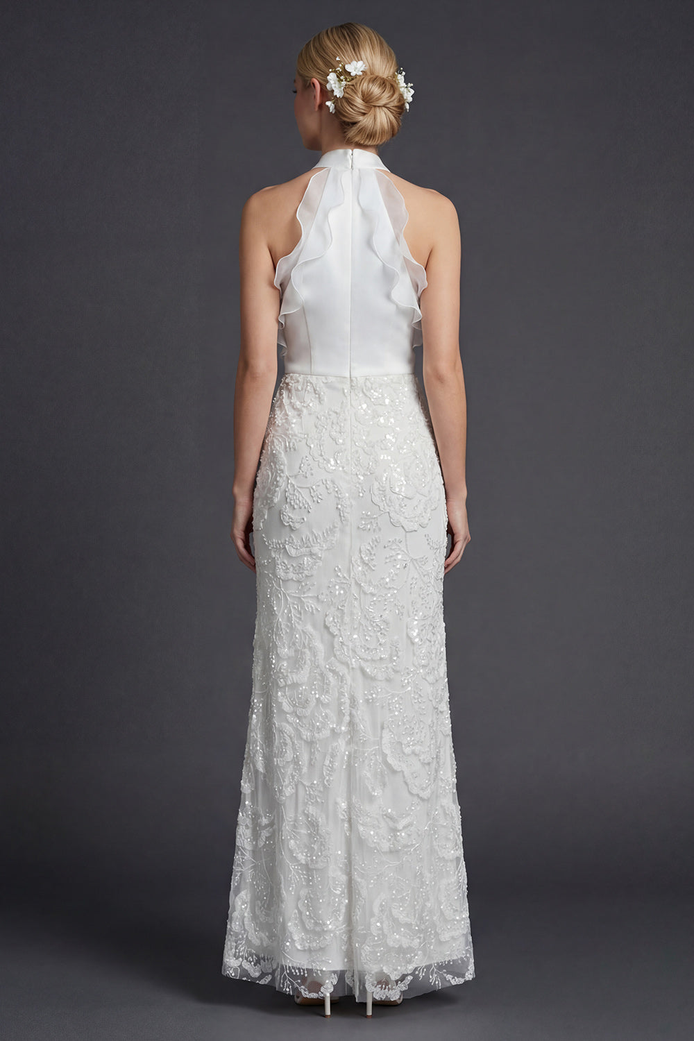 Sparkly White Sheath Halter Ruffled Appliqued Boho Wedding Reception Dress