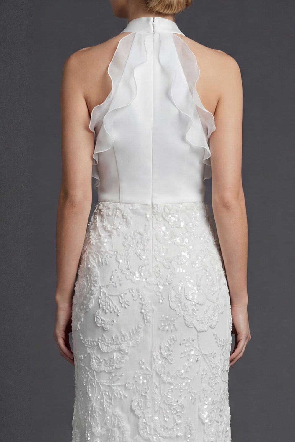 Sparkly White Sheath Halter Ruffled Appliqued Boho Wedding Reception Dress