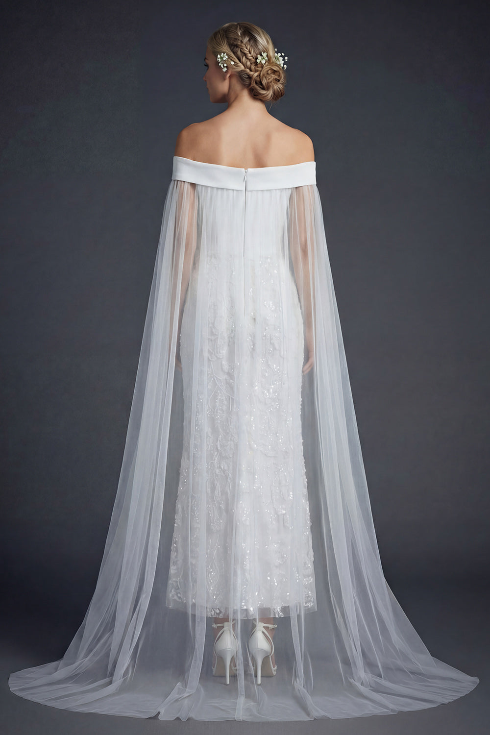 Sparkly White Beaded Off the Shoulder Maxi Mermaid Floral Boho Wedding Reception Dress with Cape
