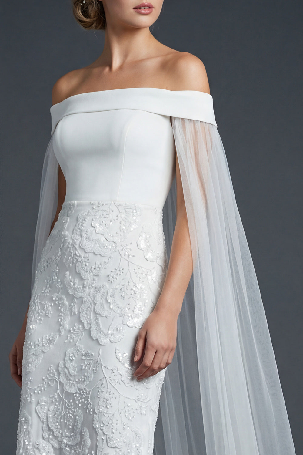 Sparkly White Beaded Off the Shoulder Maxi Mermaid Floral Boho Wedding Reception Dress with Cape