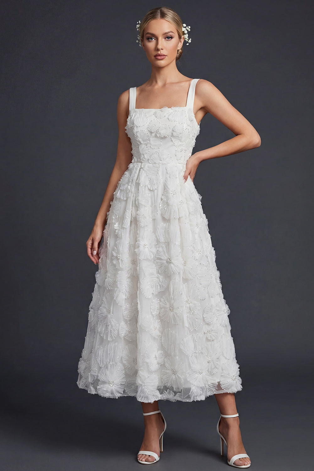 Sparkly White Maxi Floral Beaded Boho Wedding Reception Dress with Beading