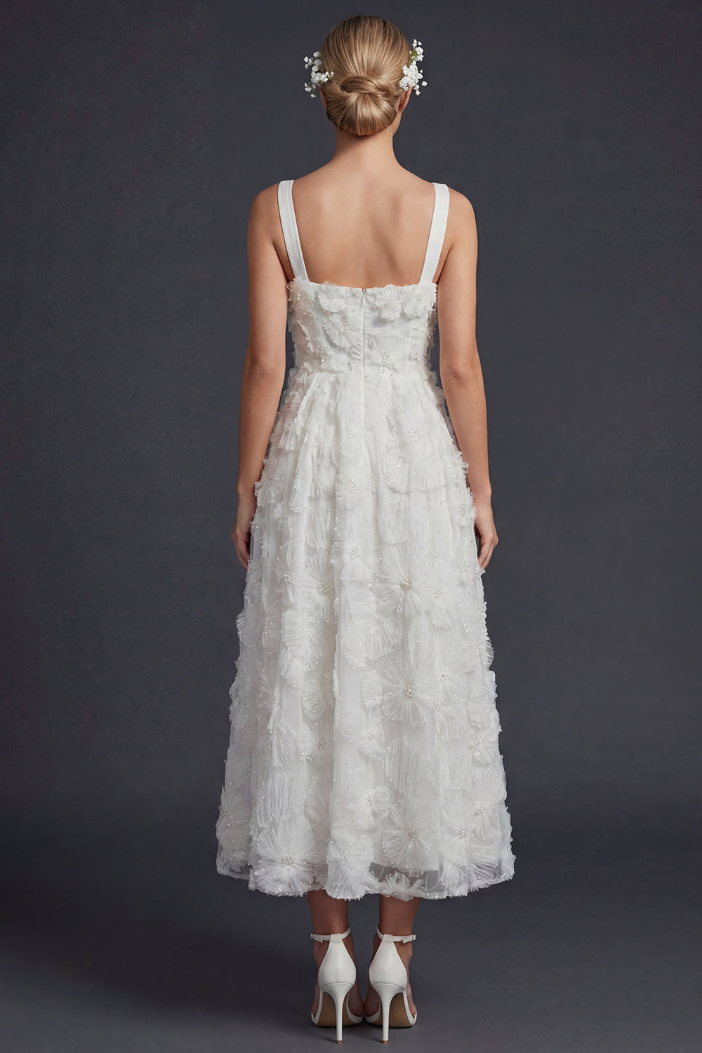 Sparkly White Maxi Floral Beaded Boho Wedding Reception Dress with Beading