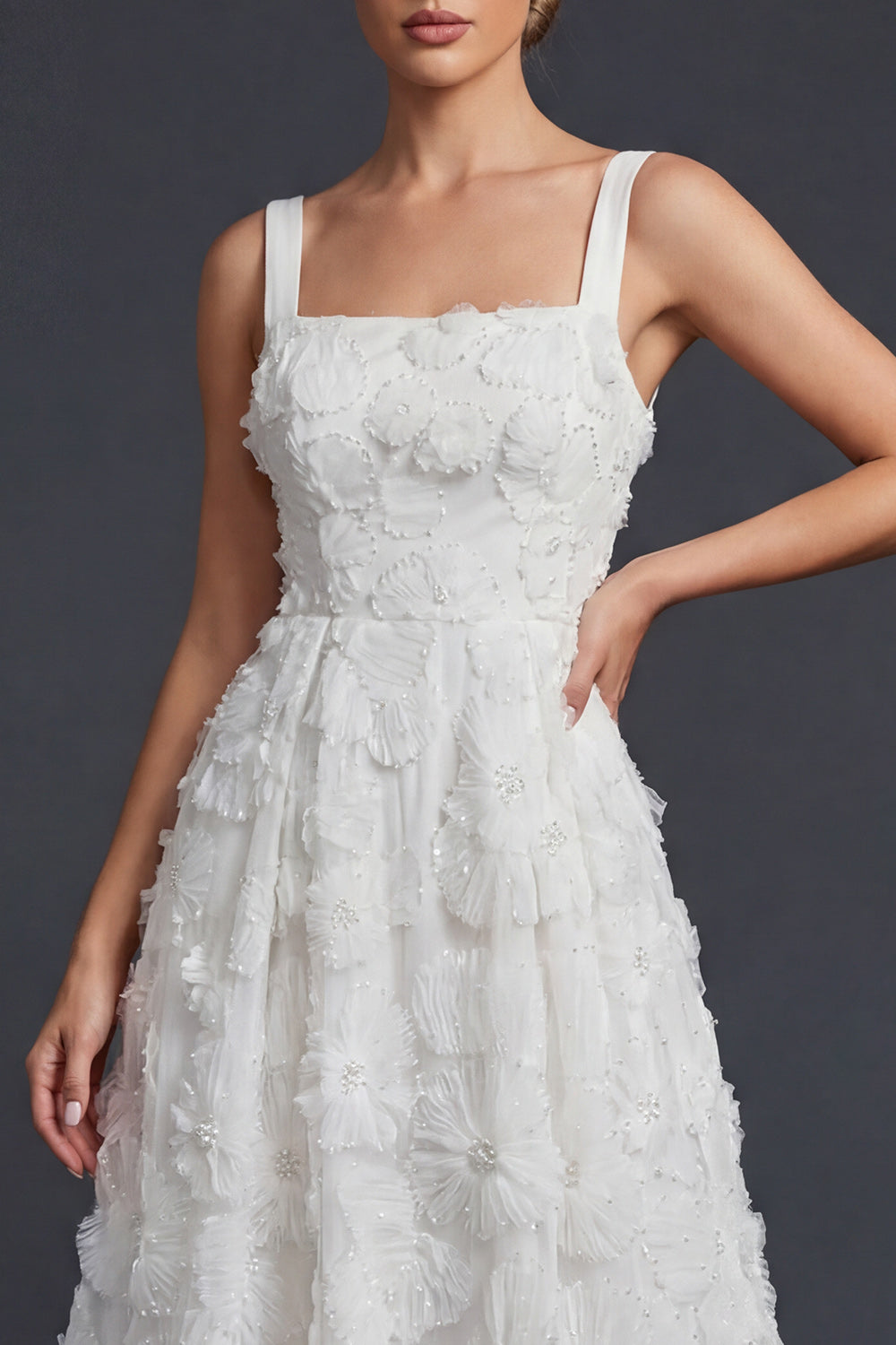 Sparkly White Maxi Floral Beaded Boho Wedding Reception Dress with Beading