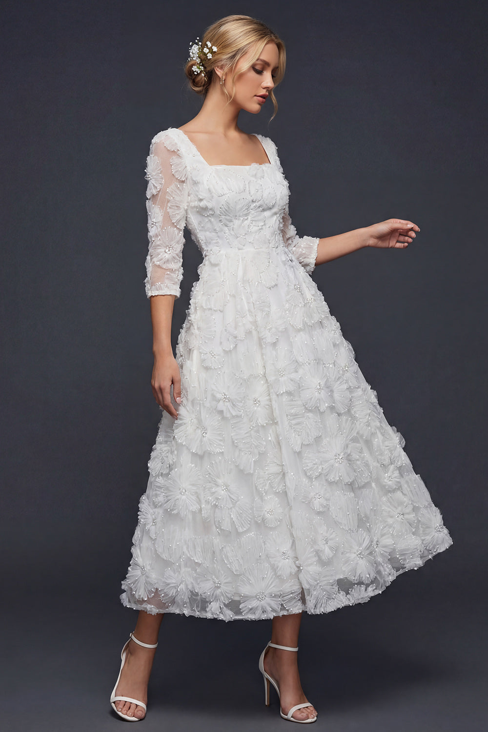 Sparkly White Square Neck Beaded Floral Maxi Boho Wedding Reception Dress