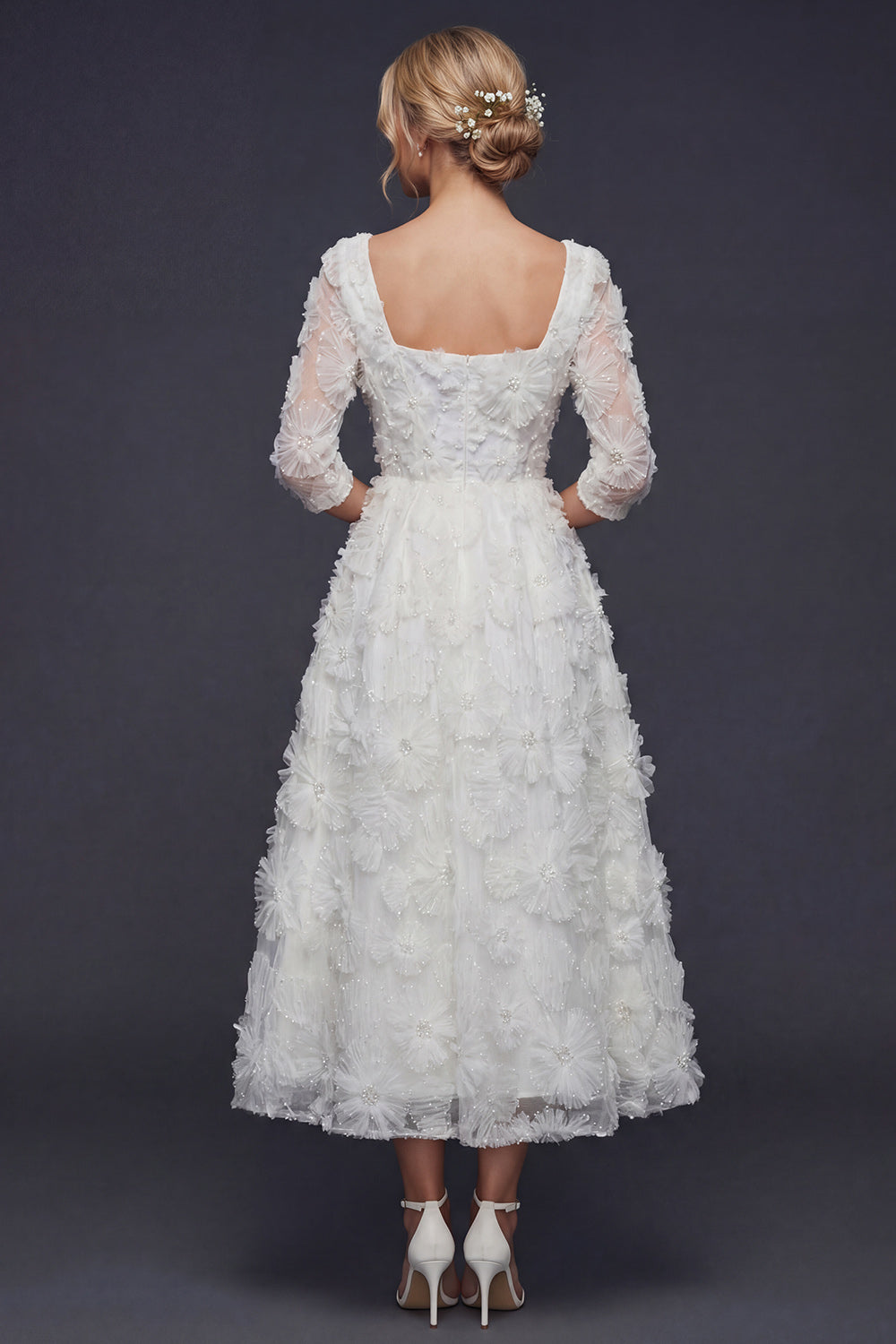 Sparkly White Square Neck Beaded Floral Maxi Boho Wedding Reception Dress