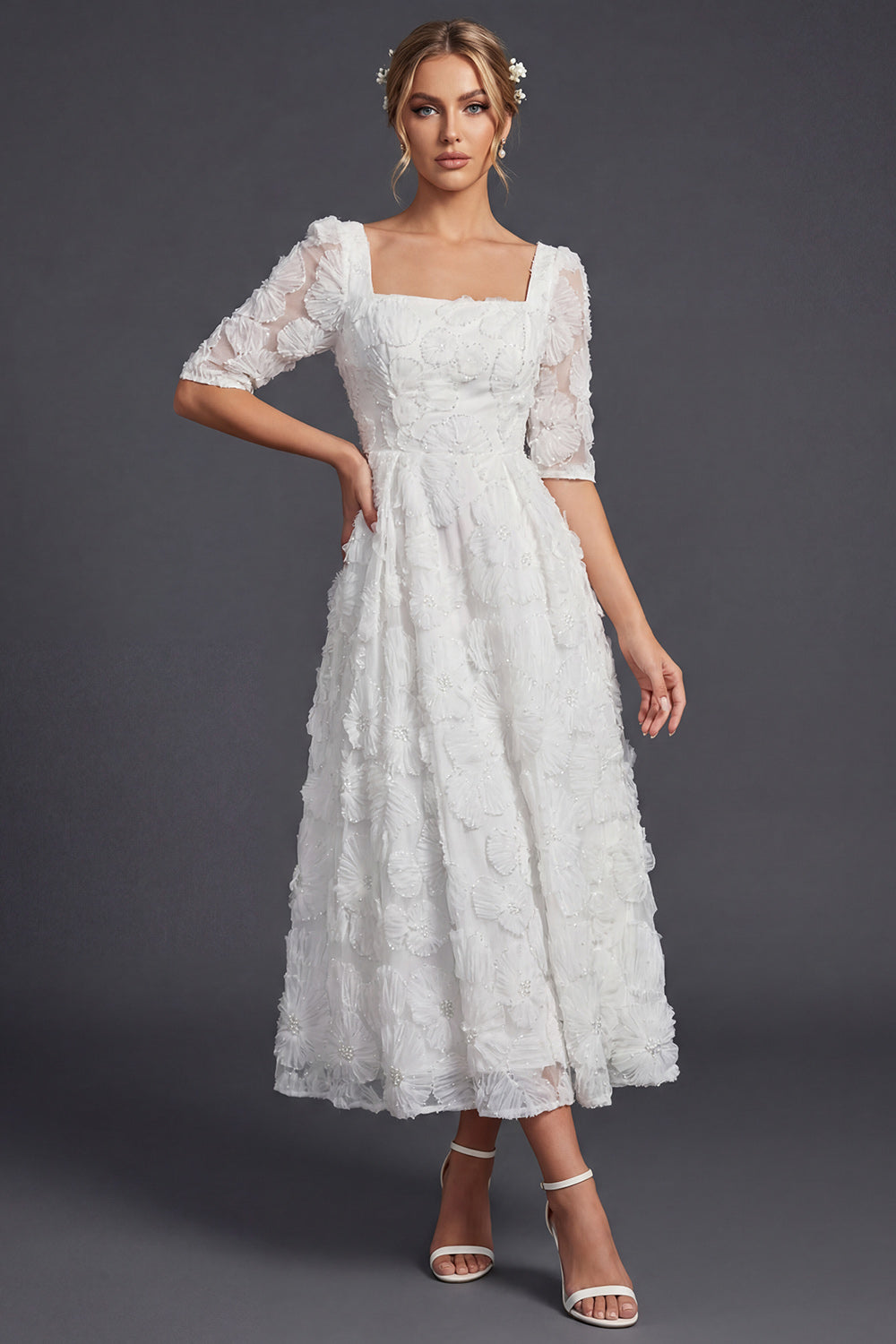 Sparkly White Square Neck Beaded Floral Maxi Boho Wedding Reception Dress