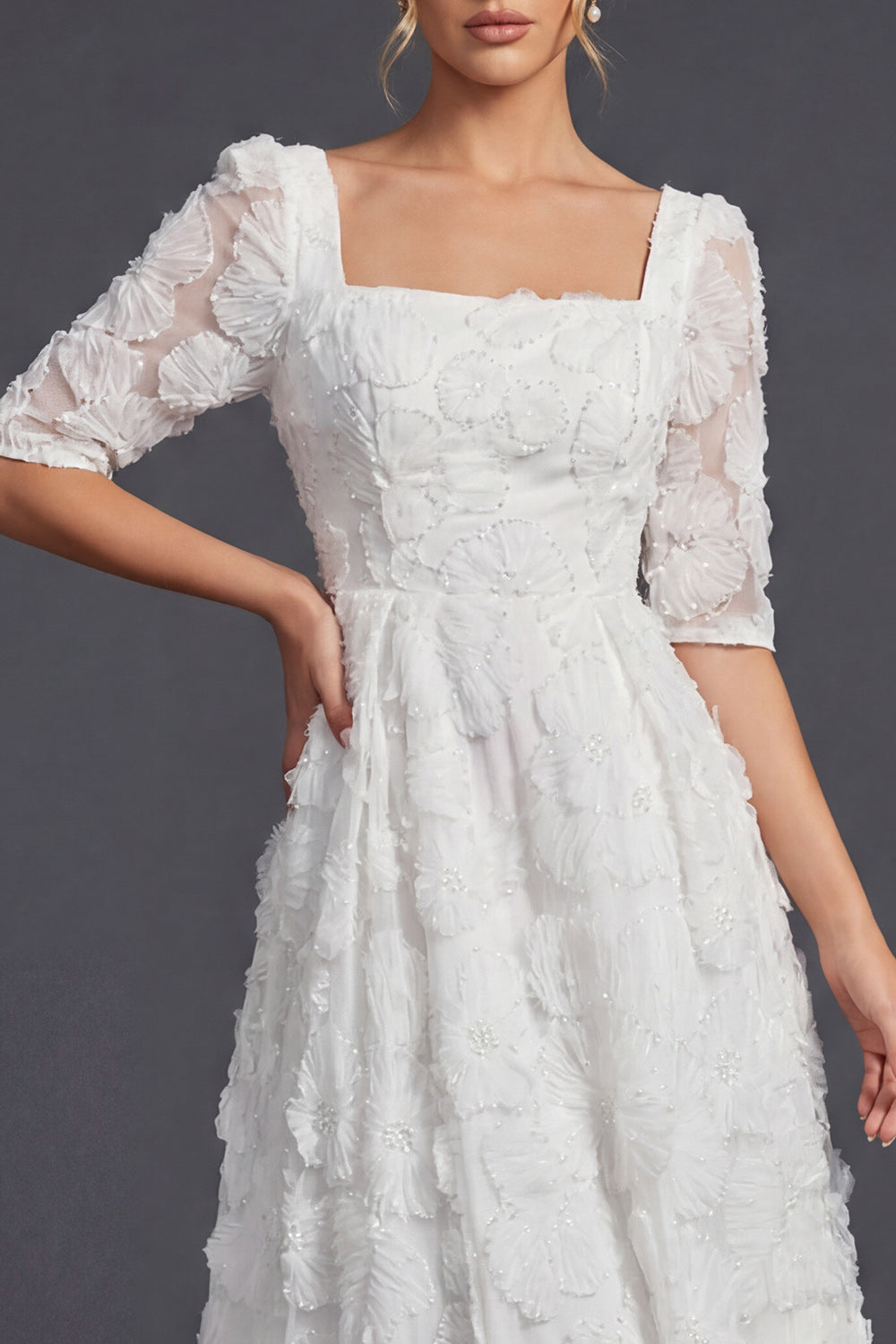 Sparkly White Square Neck Beaded Floral Maxi Boho Wedding Reception Dress