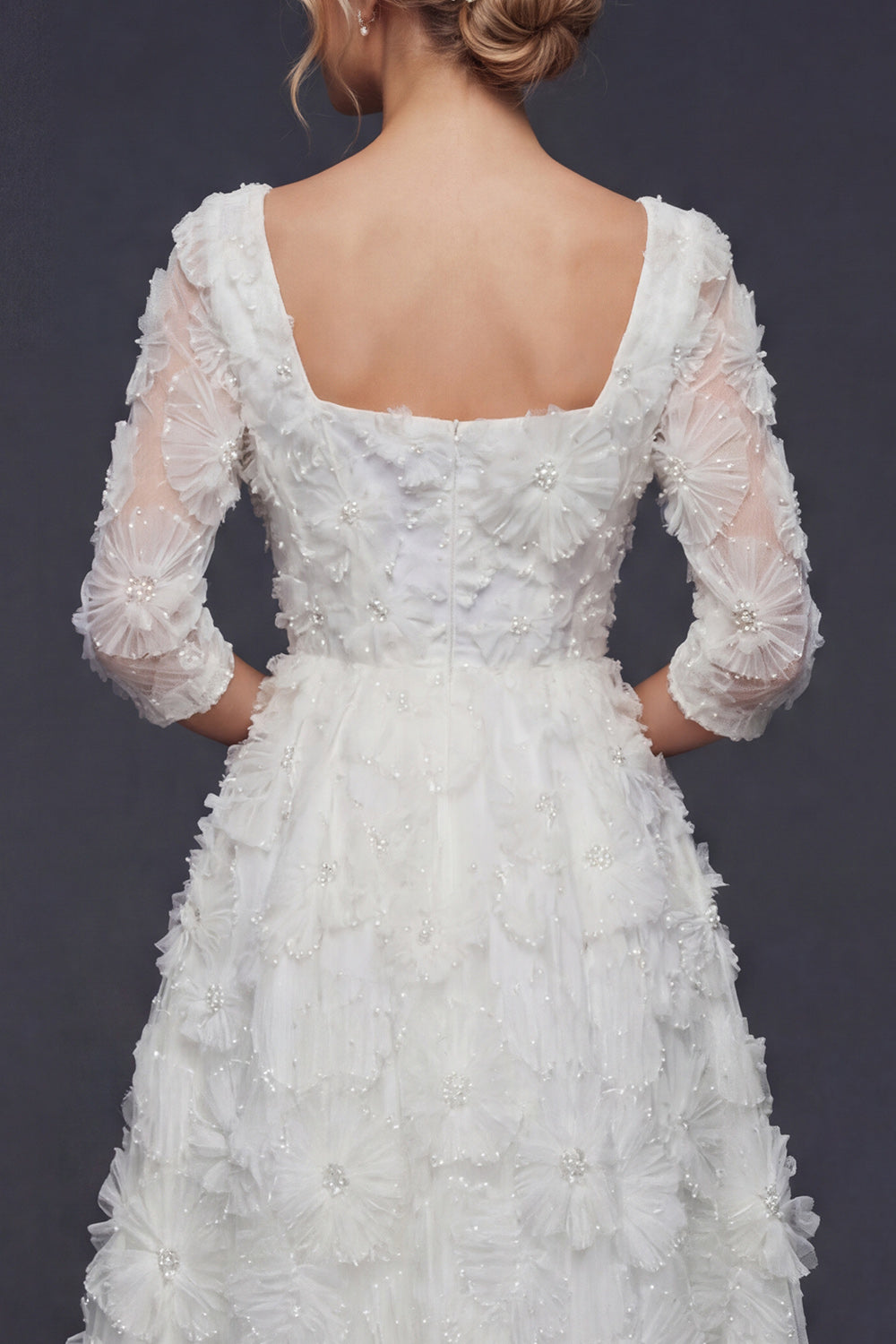 Sparkly White Square Neck Beaded Floral Maxi Boho Wedding Reception Dress