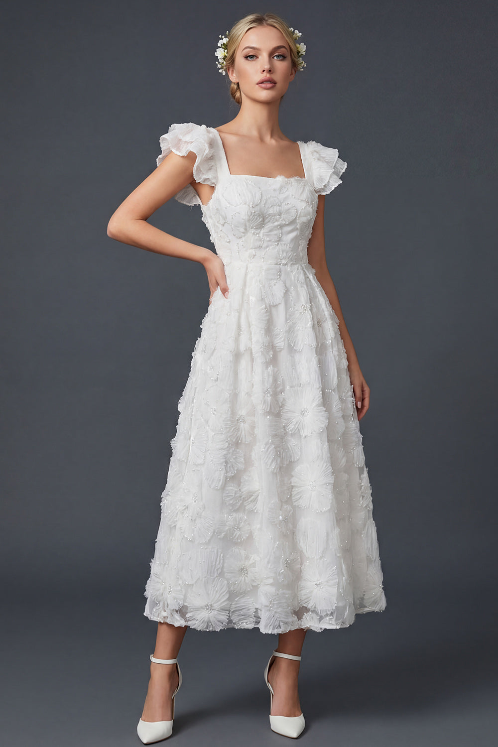 Sparkly White Ruffled Beaded Floral Maxi Boho Wedding Reception Dress