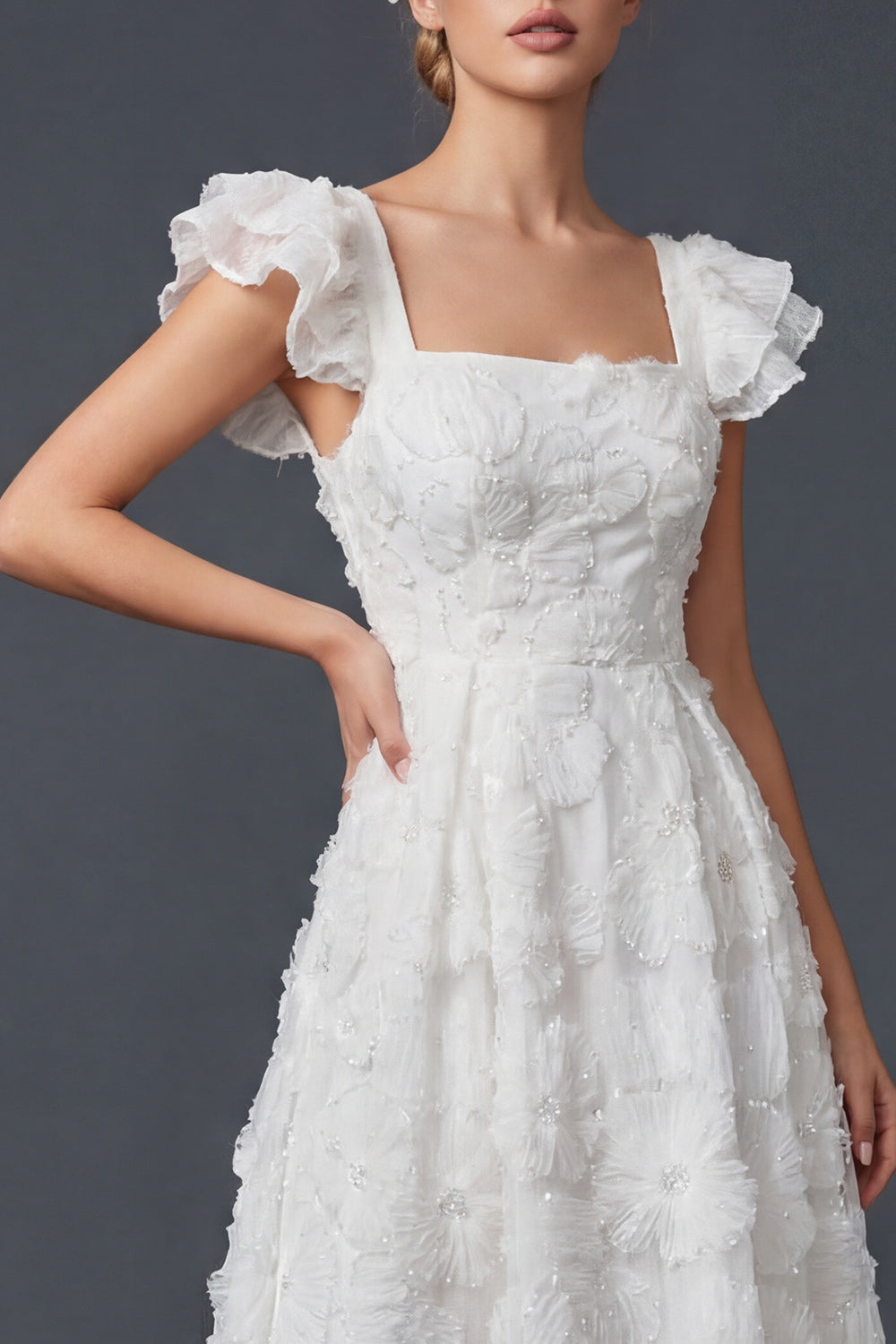 Sparkly White Ruffled Beaded Floral Maxi Boho Wedding Reception Dress