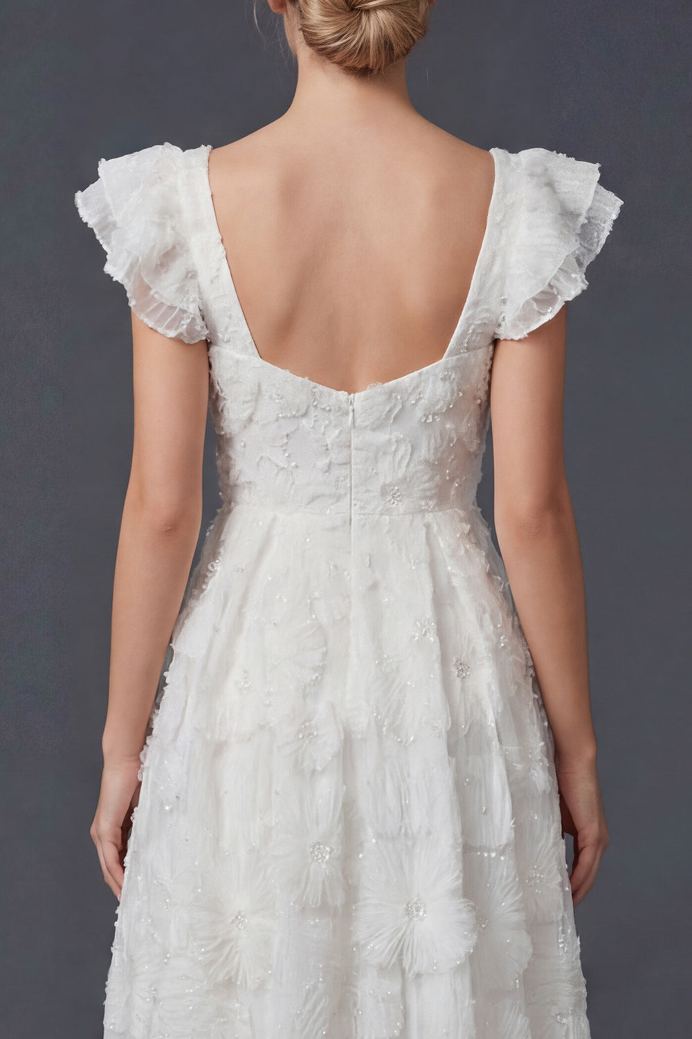 Sparkly White Ruffled Beaded Floral Maxi Boho Wedding Reception Dress