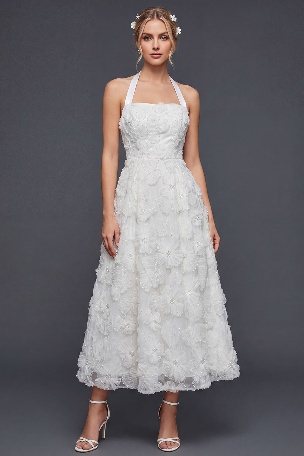 White Halter A Line Maxi Floral Boho Wedding Reception Dress